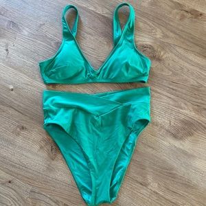 Aerie Swim Set Willow Green - Voop Plunge Top & Crossover High Cut Cheeky Bikini
